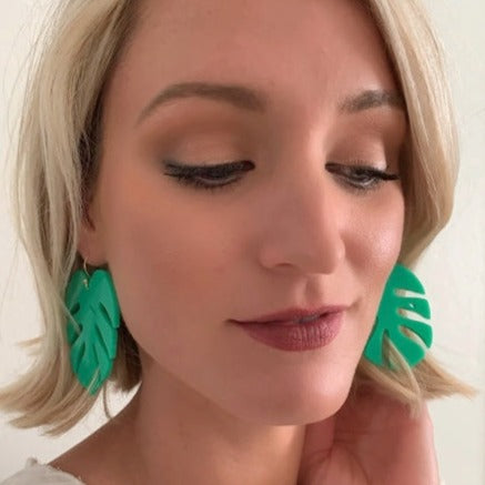 Green Monstera statement earrings