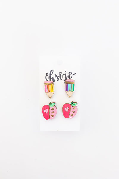 Pink Apples and Rainbow Pencil Teacher Earring set