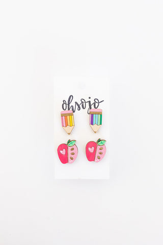 Pink Apples and Rainbow Pencil Teacher Earring set