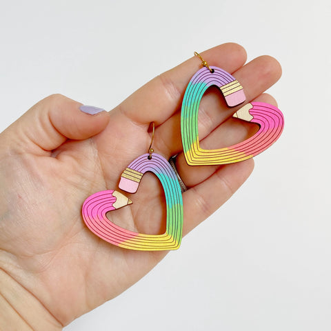 Ombre Rainbow Heart Pencil Statement Earrings