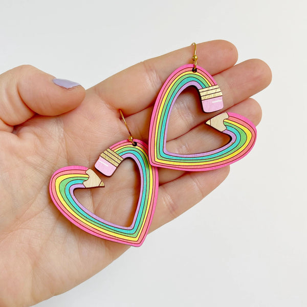 Rainbow Heart Pencil Statement Earrings