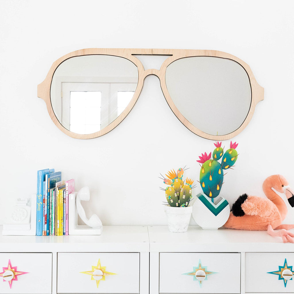 Aviator Sunglasses Wall Mirror in Natural Wood